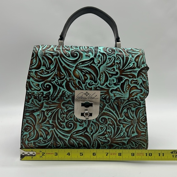 2439- Patricia Nash Embossed Leather Top Handle Crossbody Bag Turquoise Tooled - Picture 6 of 12